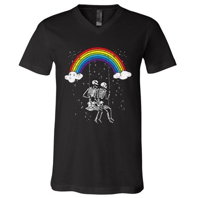 Halloween Skeletons Couple Rainbow Swing Costume V-Neck T-Shirt