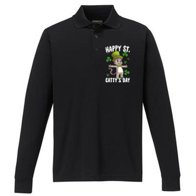 Happy Saint Catty's Day St Patricks Day Irish Cat Leprechaun Gift Performance Long Sleeve Polo