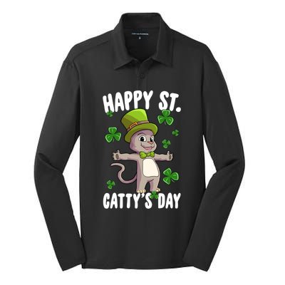 Happy Saint Catty's Day St Patricks Day Irish Cat Leprechaun Gift Silk Touch Performance Long Sleeve Polo