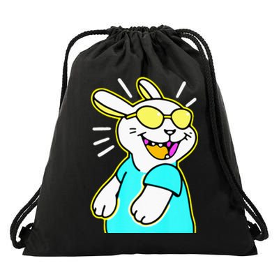 Happy Smiling Cartoon Easter Bunny With Yellow Glasses Drawstring Bag