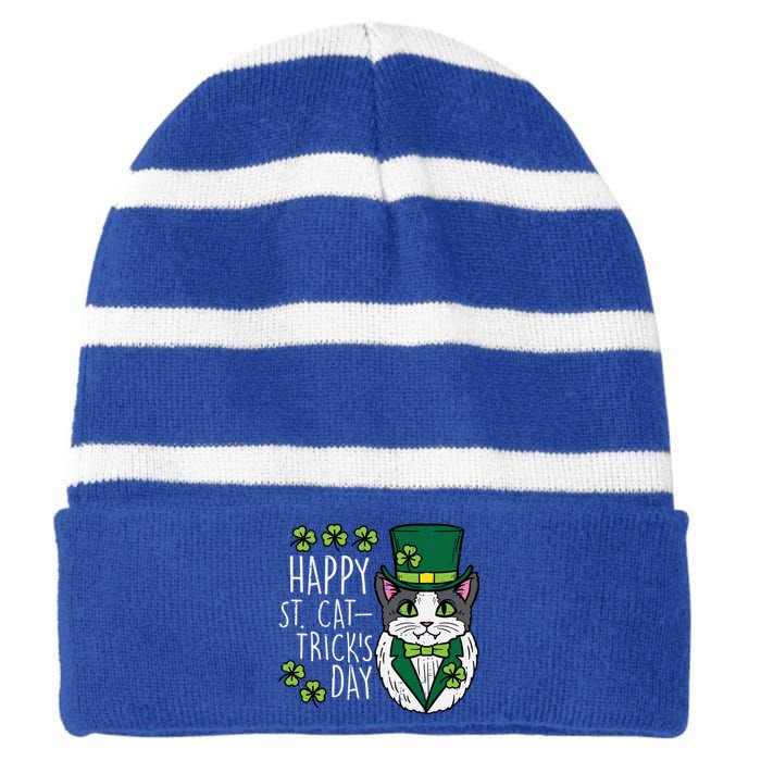 Happy St Cat Tricks Patricks Day Funny Pet Gift Striped Beanie with Solid Band