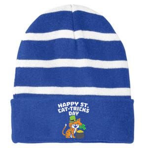 Happy St Catgifttricks Day Cat Saint Paddys St Patricks Day Gift Striped Beanie with Solid Band