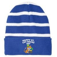 Happy St Catgifttricks Day Cat Saint Paddys St Patricks Day Gift Striped Beanie with Solid Band