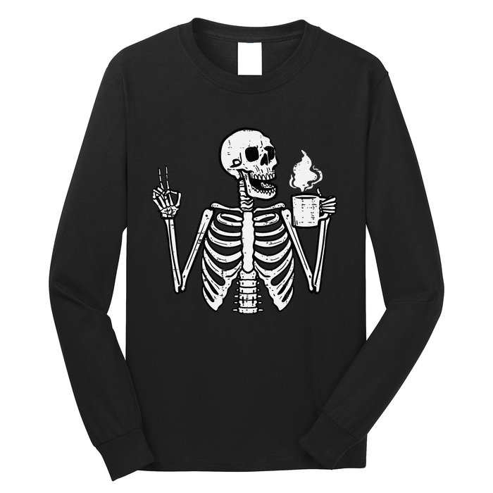 Halloween Skeleton Coffee Peace Funny Costume Long Sleeve Shirt