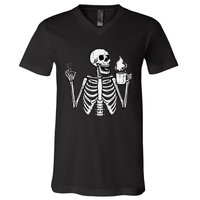 Halloween Skeleton Coffee Peace Funny Costume V-Neck T-Shirt