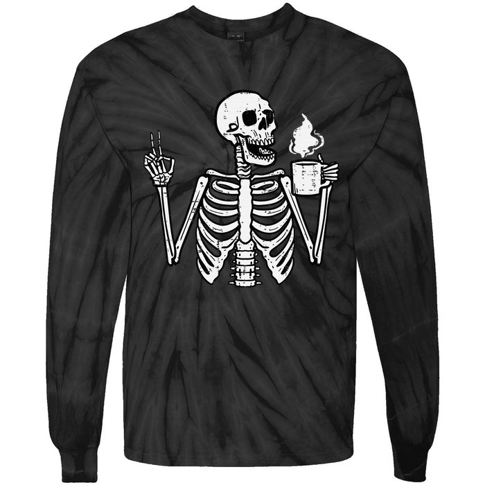 Halloween Skeleton Coffee Peace Funny Costume Tie-Dye Long Sleeve Shirt