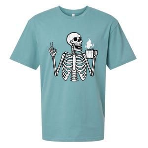 Halloween Skeleton Coffee Peace Funny Costume Sueded Cloud Jersey T-Shirt