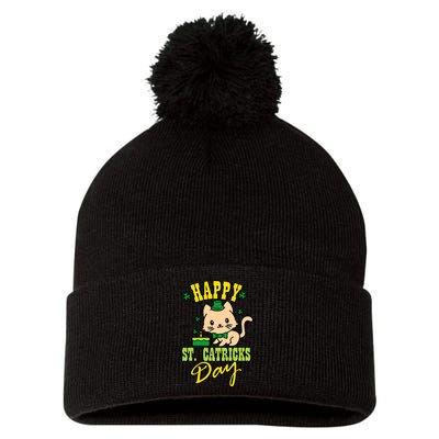 Happy St. Catrick’s Day Funny Cute Cat Clover Shamrock Pom Pom 12in Knit Beanie