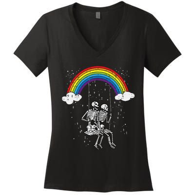 Halloween Skeletons Couple Rainbow Swing Costume Women's V-Neck T-Shirt