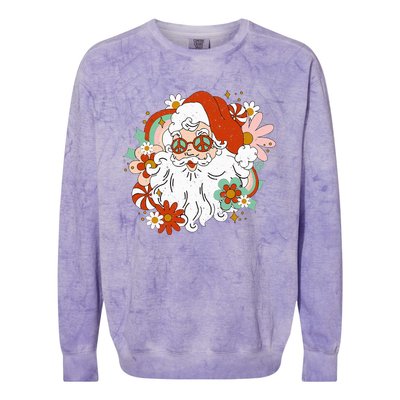 Hippie Santa Claus Floral Peace Sign Retro Christmas Colorblast Crewneck Sweatshirt