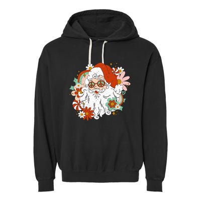 Hippie Santa Claus Floral Peace Sign Retro Christmas Garment-Dyed Fleece Hoodie