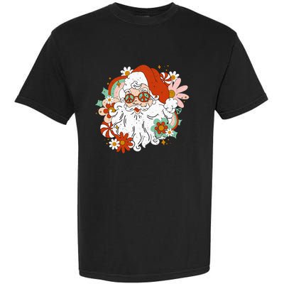 Hippie Santa Claus Floral Peace Sign Retro Christmas Garment-Dyed Heavyweight T-Shirt