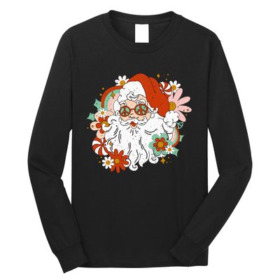 Hippie Santa Claus Floral Peace Sign Retro Christmas Long Sleeve Shirt