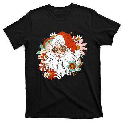 Hippie Santa Claus Floral Peace Sign Retro Christmas T-Shirt