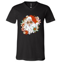 Hippie Santa Claus Floral Peace Sign Retro Christmas V-Neck T-Shirt