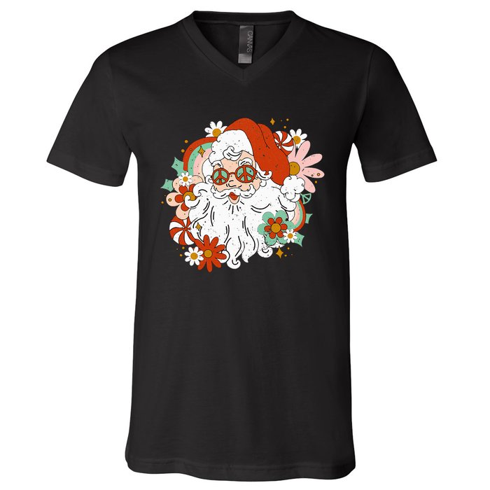 Hippie Santa Claus Floral Peace Sign Retro Christmas V-Neck T-Shirt