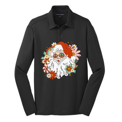 Hippie Santa Claus Floral Peace Sign Retro Christmas Silk Touch Performance Long Sleeve Polo