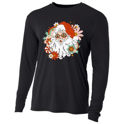 Hippie Santa Claus Floral Peace Sign Retro Christmas Cooling Performance Long Sleeve Crew