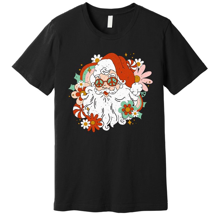 Hippie Santa Claus Floral Peace Sign Retro Christmas Premium T-Shirt