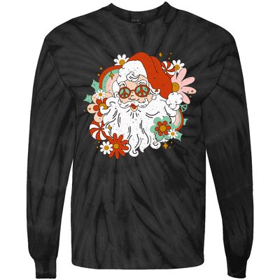 Hippie Santa Claus Floral Peace Sign Retro Christmas Tie-Dye Long Sleeve Shirt