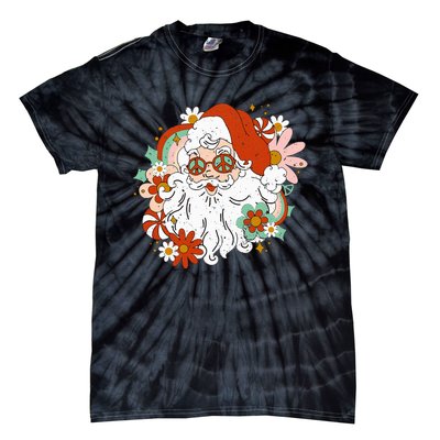 Hippie Santa Claus Floral Peace Sign Retro Christmas Tie-Dye T-Shirt