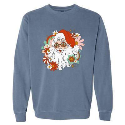 Hippie Santa Claus Floral Peace Sign Retro Christmas Garment-Dyed Sweatshirt