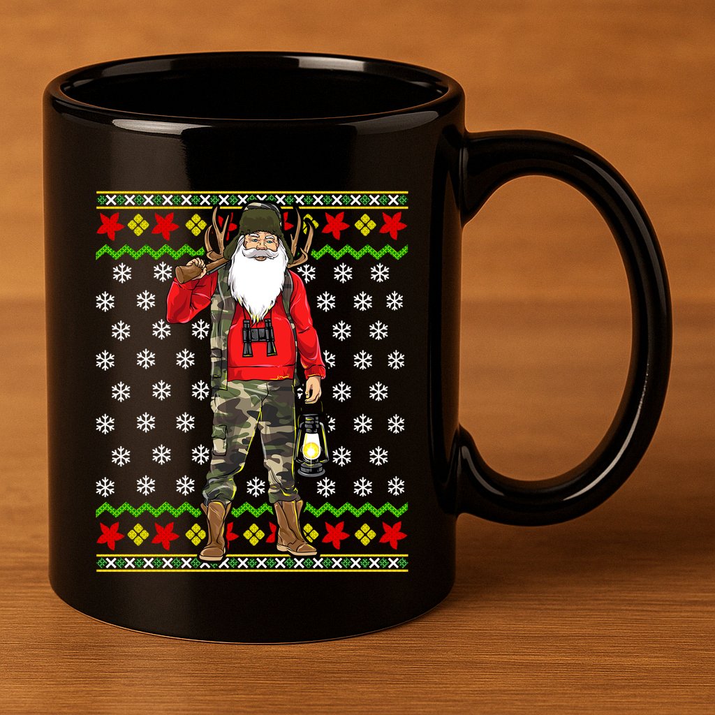 Hunter Santa Claus Hunting Ugly Christmas Sweater Pattern Gift 11oz C Handle Ceramic Mug