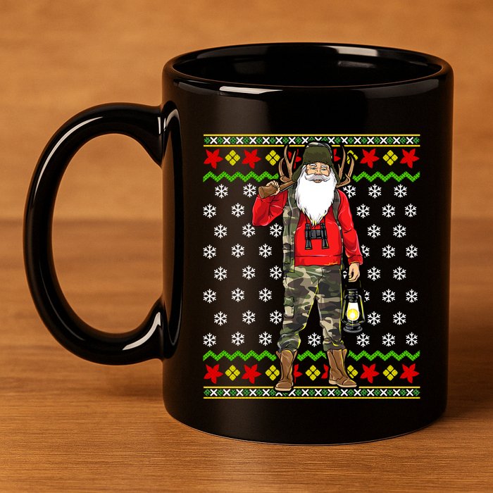 Hunter Santa Claus Hunting Ugly Christmas Sweater Pattern Gift 11oz C Handle Ceramic Mug