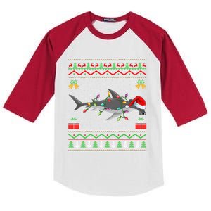 Hammerhead Shark Christmas Lights Santa Ugly Xmas Gift Kids Colorblock Raglan Jersey