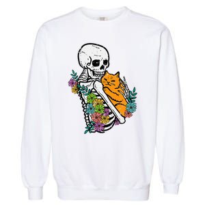 Halloween Skeleton Cat Hug Flowers Costume Garment-Dyed Sweatshirt