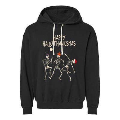 Hallothanksmas Skeleton Christmas Halloween Thanksgiving Fun Garment-Dyed Fleece Hoodie