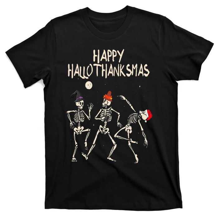 Hallothanksmas Skeleton Christmas Halloween Thanksgiving Fun T-Shirt