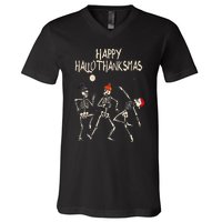 Hallothanksmas Skeleton Christmas Halloween Thanksgiving Fun V-Neck T-Shirt