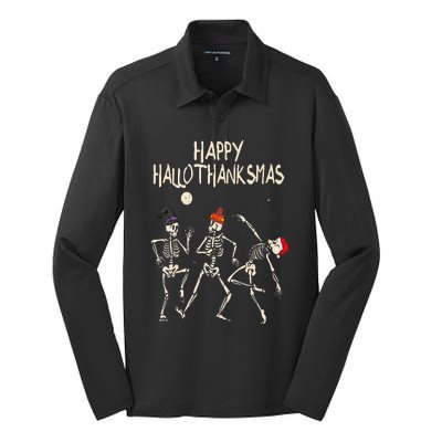 Hallothanksmas Skeleton Christmas Halloween Thanksgiving Fun Silk Touch Performance Long Sleeve Polo