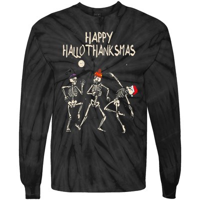 Hallothanksmas Skeleton Christmas Halloween Thanksgiving Fun Tie-Dye Long Sleeve Shirt