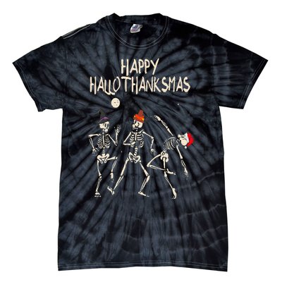 Hallothanksmas Skeleton Christmas Halloween Thanksgiving Fun Tie-Dye T-Shirt