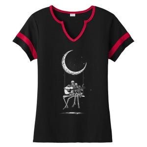 Halloween Skeleton Couple Guitar Moon Band Rock And Roll Ladies Halftime Notch Neck Tee