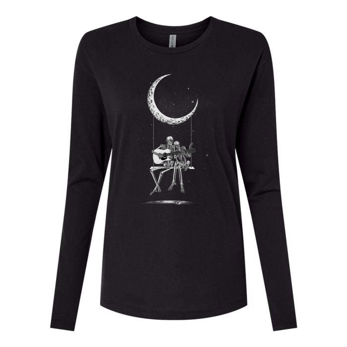 Halloween Skeleton Couple Guitar Moon Band Rock And Roll Womens Cotton Relaxed Long Sleeve T-Shirt