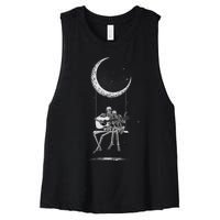 Halloween Skeleton Couple Guitar Moon Band Rock And Roll Women's Racerback Cropped Tank