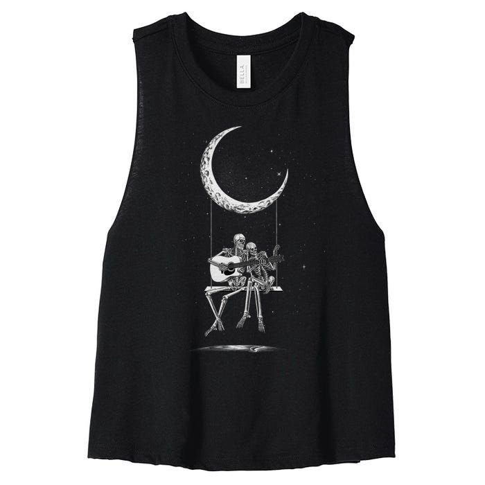 Halloween Skeleton Couple Guitar Moon Band Rock And Roll Women's Racerback Cropped Tank