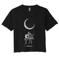 Halloween Skeleton Couple Guitar Moon Band Rock And Roll Women's Crop Top Tee