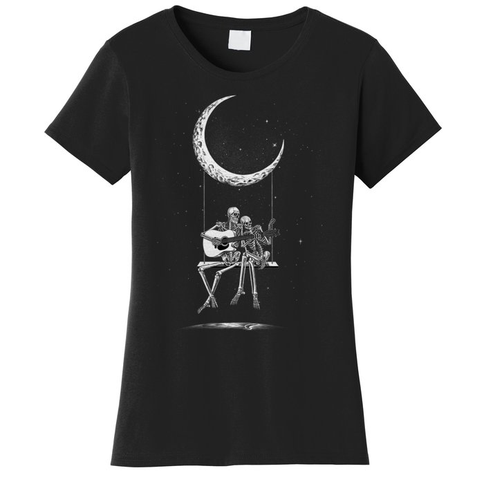 Halloween Skeleton Couple Guitar Moon Band Rock And Roll Women's T-Shirt