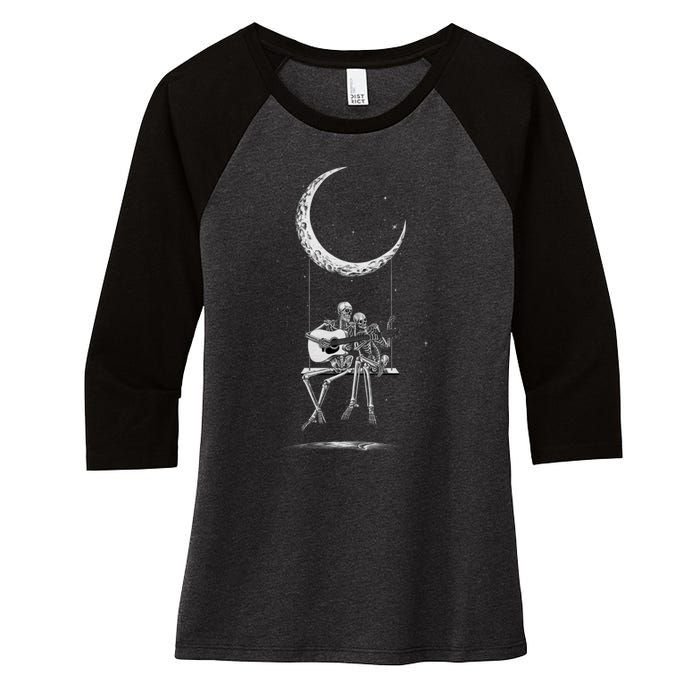 Halloween Skeleton Couple Guitar Moon Band Rock And Roll Women's Tri-Blend 3/4-Sleeve Raglan Shirt