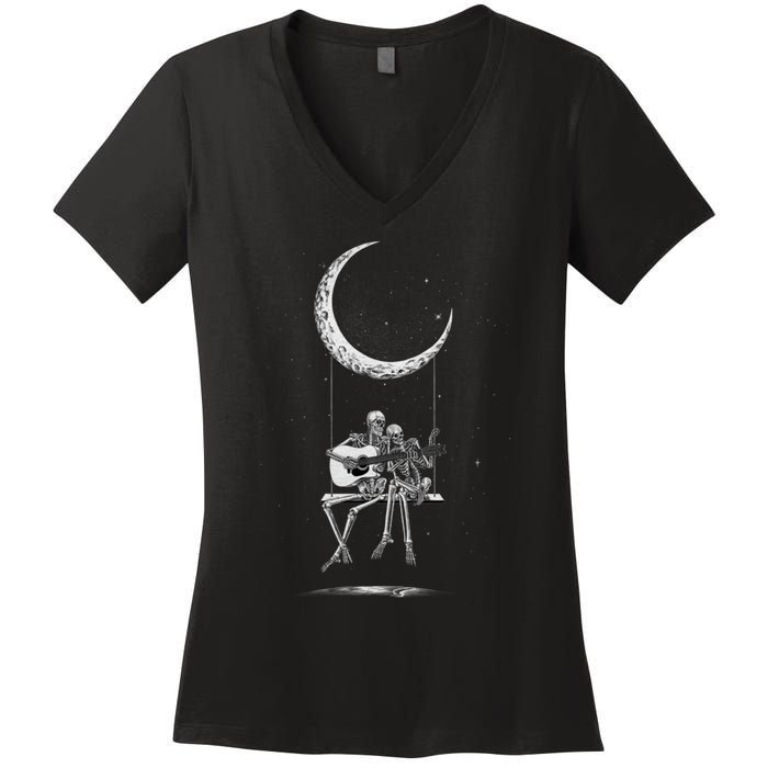 Halloween Skeleton Couple Guitar Moon Band Rock And Roll Women's V-Neck T-Shirt