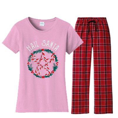 Hail Santa Candy Cane Pentagram Gothmas Women's Flannel Pajama Set