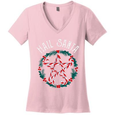 Hail Santa Candy Cane Pentagram Gothmas Women's V-Neck T-Shirt