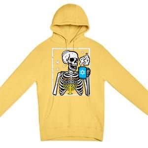 Hanukkah Skeleton Coffee Chanukah Jewish Festival  Premium Pullover Hoodie