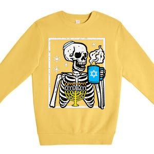 Hanukkah Skeleton Coffee Chanukah Jewish Festival  Premium Crewneck Sweatshirt