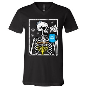 Hanukkah Skeleton Coffee Chanukah Jewish Festival  V-Neck T-Shirt