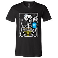 Hanukkah Skeleton Coffee Chanukah Jewish Festival  V-Neck T-Shirt